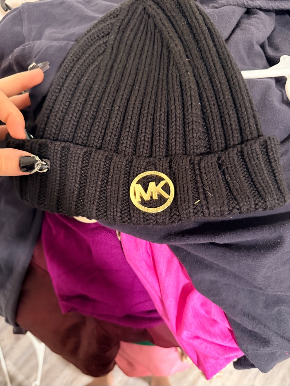 Michael Kors Black Knit Beanie with Gold MK Logo